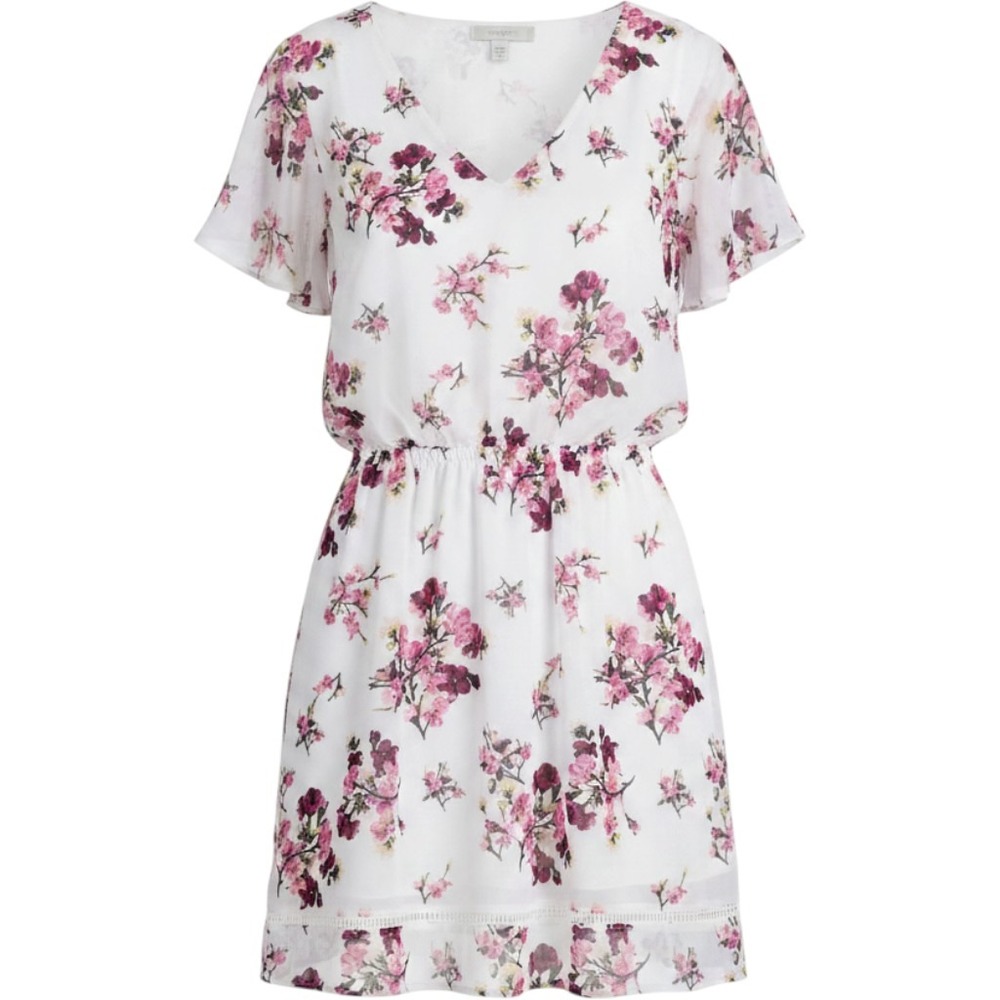 H&M Divided Floral Chiffon V-Neck Flutter Sleeve Dress Womens 14 White Excellent